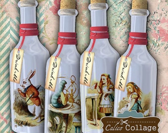 Alice in Wonderland, Collage Sheet, Drink Me Bottles, Bottled Alice, Digital Tags, Digital Images, Journal Tags, Printable Tags