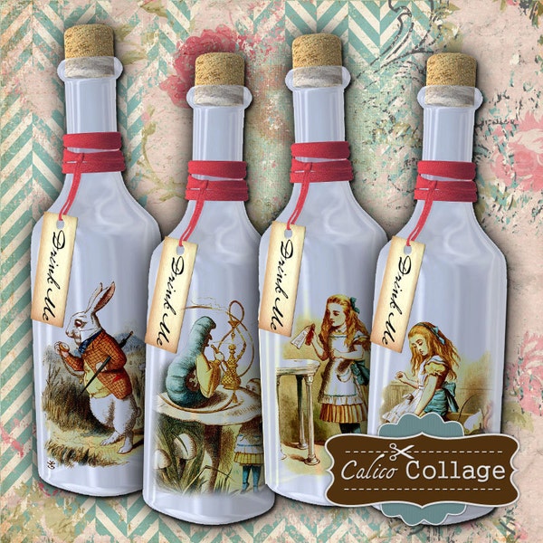 Alice in Wonderland, Collage Sheet, Drink Me Bottles, Bottled Alice, Digital Tags, Digital Images, Journal Tags, Printable Tags