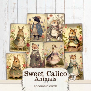 Junk Journal afdrukbare Ephemera van primitieve dieren gekleed in Calico, Vintage Ephemera Cards, Scrapbook Collage Sheet, Journal Supplies