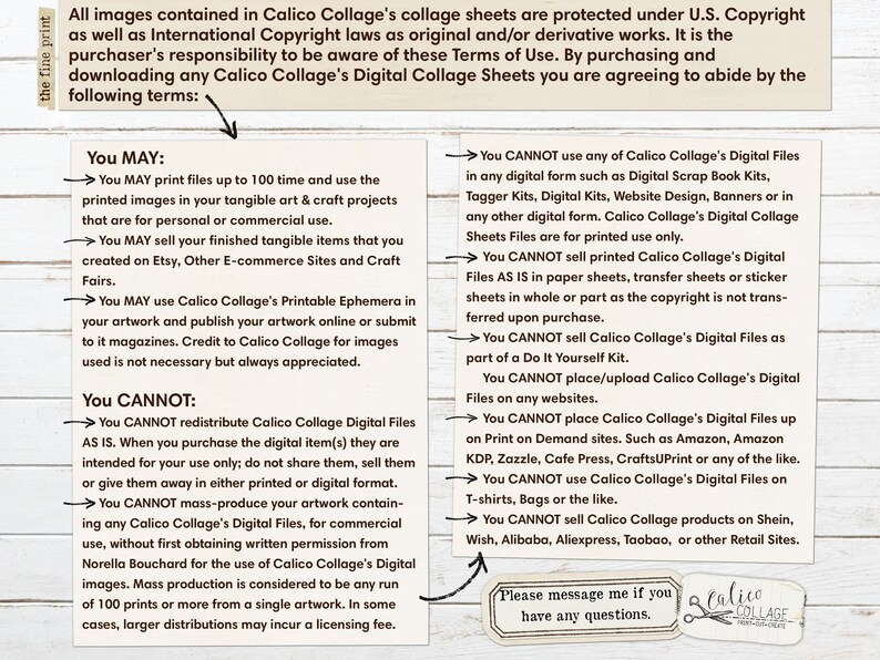 Puede incluir: Un documento de texto blanco y negro con una flecha roja apuntando hacia la derecha. El documento de texto enumera los t&eacute;rminos de uso para las hojas de collage digitales. El documento establece que puede imprimir los archivos hasta 100 veces y usarlos para uso personal o comercial. Tambi&eacute;n puede vender art&iacute;culos tangibles terminados creados utilizando los archivos. No puede redistribuir los archivos tal cual, producir en masa su obra de arte que contenga los archivos, ni vender los archivos como parte de un kit de bricolaje. El documento tambi&eacute;n establece que no puede vender los archivos en sitios de impresi&oacute;n bajo demanda, como Amazon, ni en sitios de venta minorista, como Shein, Wish, Alibaba, Aliexpress, Taobao, u otros sitios de venta minorista.