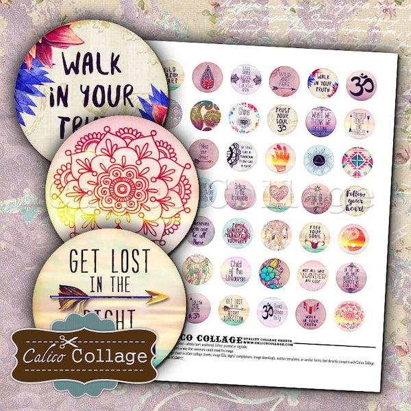 Boho Zen, Boho Collage Sheet, Zen Collage Sheet, Digital Collage, Collage Sheet, 1 Inch Circle Images, Bottle Cap Images, Printable