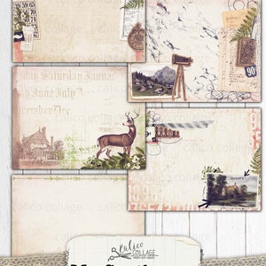 May include: A digital junk journal kit with the title "My Gentleman" and a vintage aesthetic. The kit includes images of a deer, a house, a mountain scene, and a compass. The kit is designed for use in scrapbooking, card making, and other paper crafts.