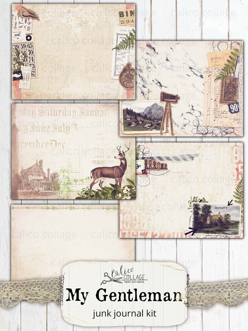 May include: A digital junk journal kit with the title "My Gentleman" and a vintage aesthetic. The kit includes images of a deer, a house, a mountain scene, and a compass. The kit is designed for use in scrapbooking, card making, and other paper crafts.