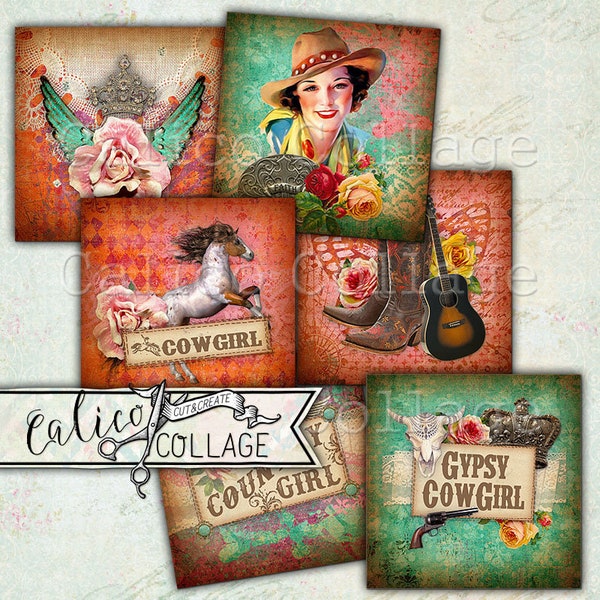 Gypsy Cowgirl, 1x1 Collage Sheet, Printable Images, Digital Download, 1x1 Inch Squares, Digital Squares, Horse Collage Sheet, Cowgirl Images