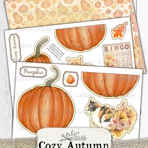 Puede incluir: Un conjunto de ef&iacute;meras de oto&ntilde;o imprimibles para manualidades y scrapbooking. El conjunto incluye una calabaza, un gato, una tarjeta de bingo y una hoja. Tambi&eacute;n se incluye el texto "Cozy Autumn" y "ephemera pocket".