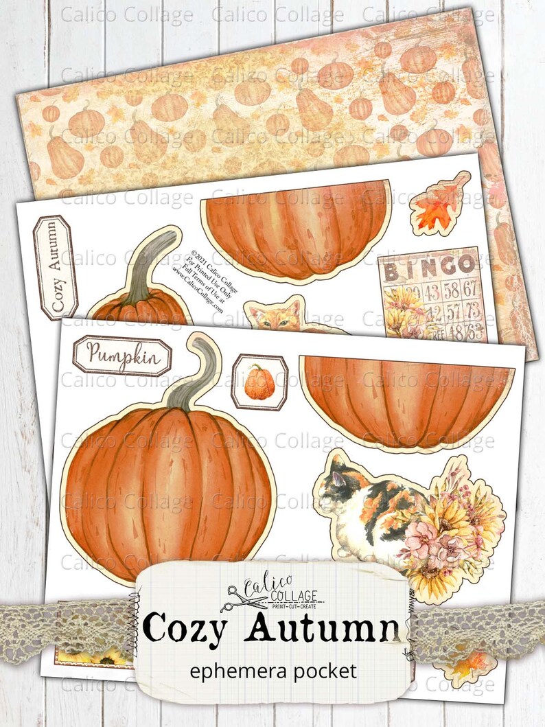 Puede incluir: Un conjunto de ef&iacute;meras de oto&ntilde;o imprimibles para manualidades y scrapbooking. El conjunto incluye una calabaza, un gato, una tarjeta de bingo y una hoja. Tambi&eacute;n se incluye el texto "Cozy Autumn" y "ephemera pocket".