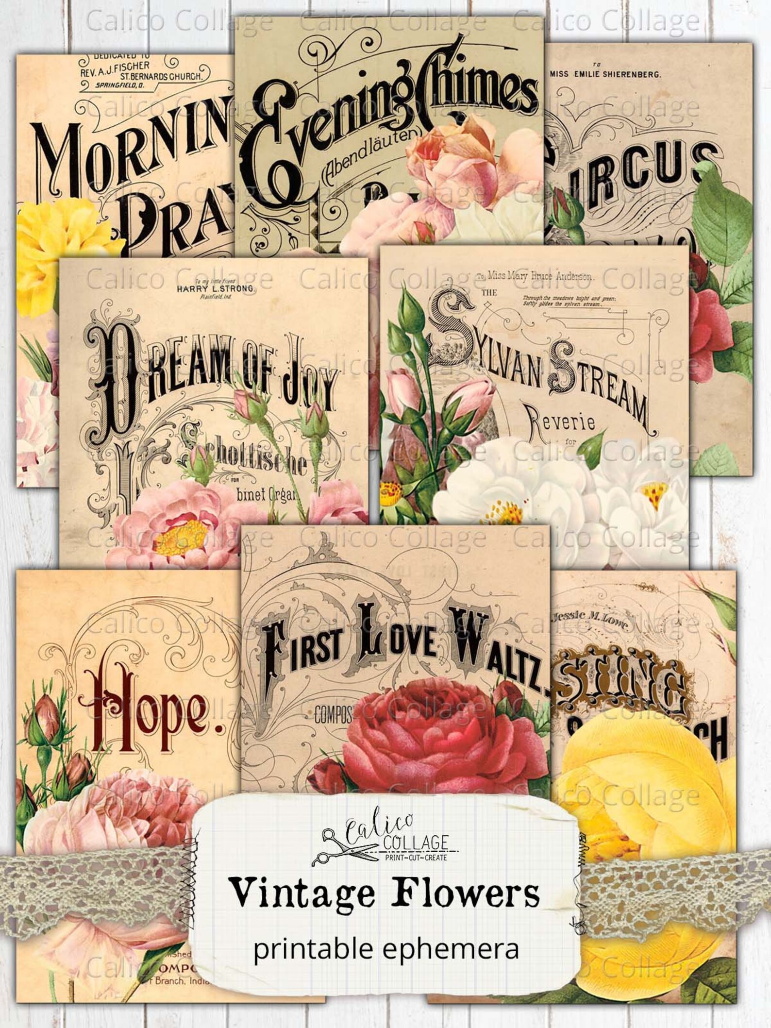 Printable Junk Journal Ephemera / Vintage Flower Cards / Junk Journal ...