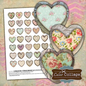 Primitive Hearts Digital Collage Sheet, 1 Inch Heart Images, Heart Collage Sheet, 25mm Hearts, Printable Paper, Digital Images