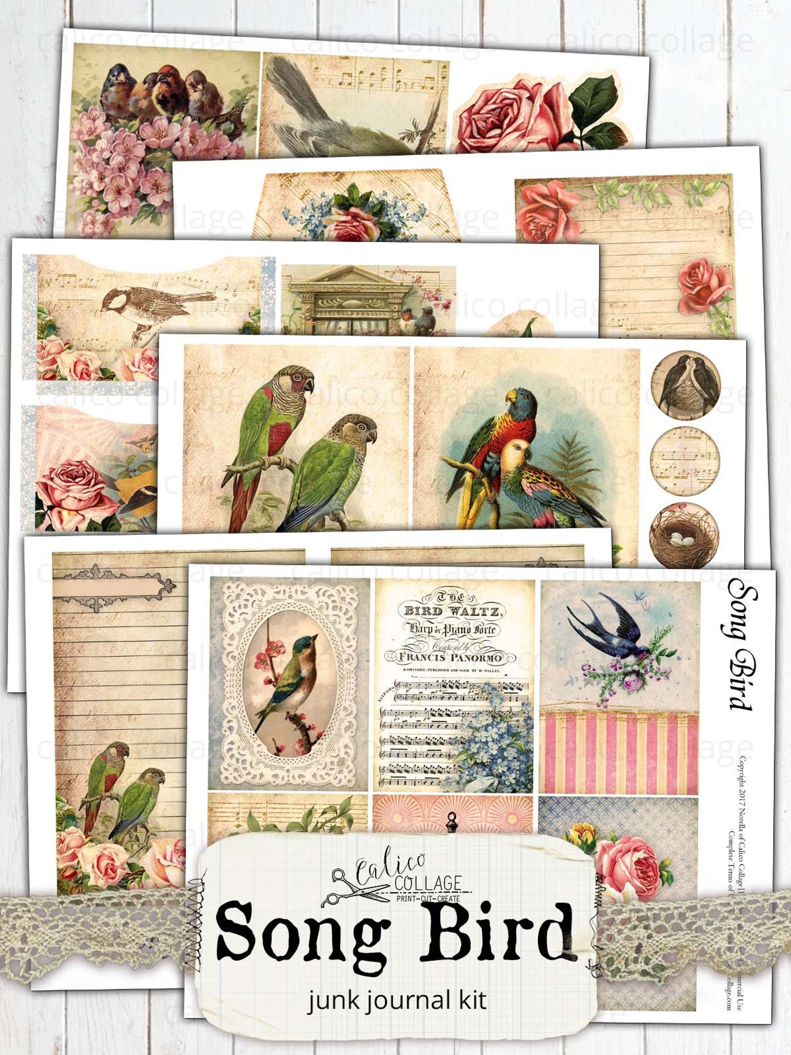 Bird Junk Journal Kit, Printable Ephemera Pack, Song Bird Ephemera ...