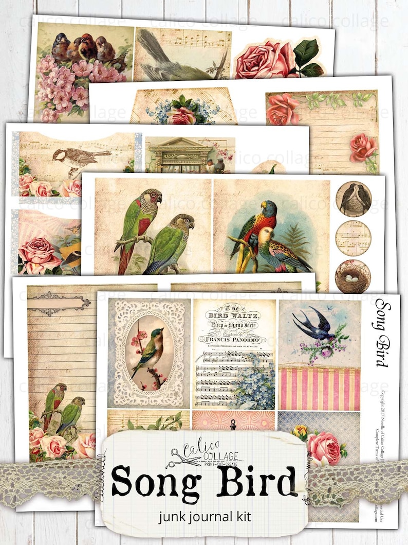 May include: A digital printable junk journal kit with a vintage aesthetic. The kit features images of birds, flowers, music, and text. The title of the kit is "Song Bird".