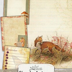 May include: A printable junk journal planner kit with an autumn theme. The kit includes a fox illustration, a mushroom, and a page with the text "Remember". The kit is titled "Simply Autumn" and is from Calico Collage.