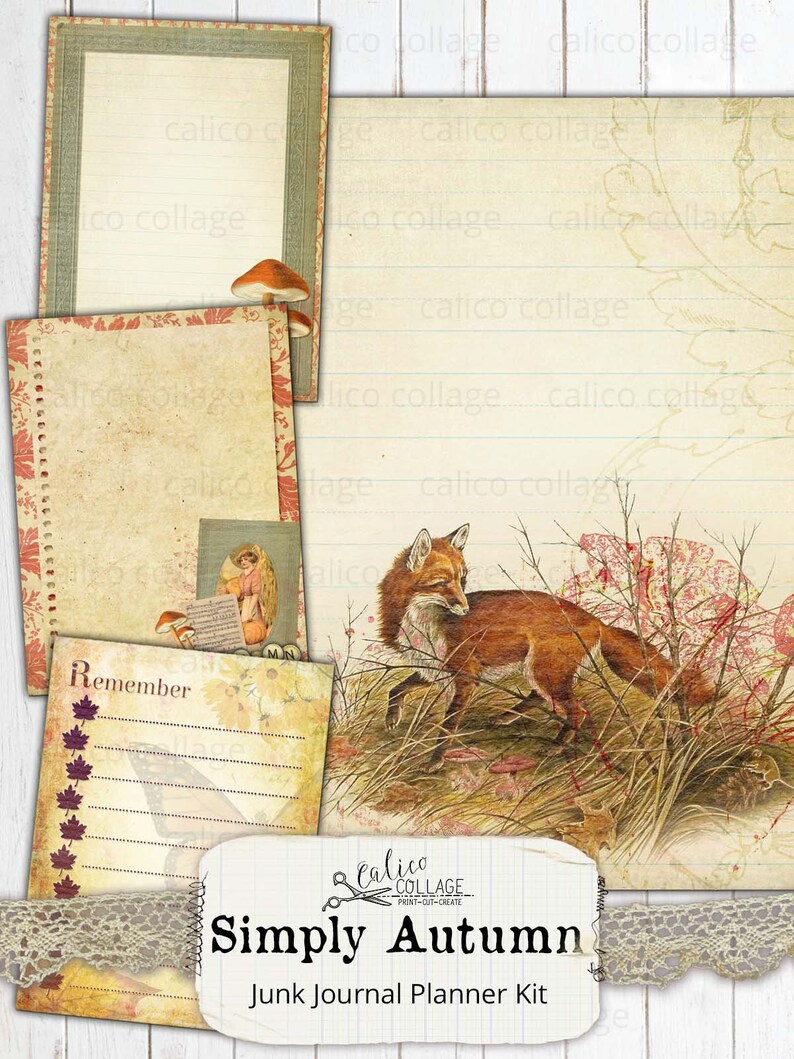 May include: A printable junk journal planner kit with an autumn theme. The kit includes a fox illustration, a mushroom, and a page with the text "Remember". The kit is titled "Simply Autumn" and is from Calico Collage.