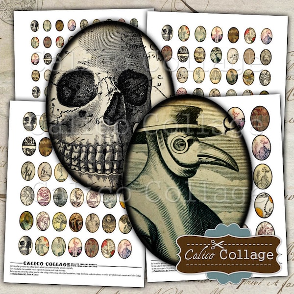 Macabre Collage Sheet, Oval Collage Sheet, Halloween Collage Sheet, Vintage Macabre, 30x40mm, 22x30mm, 18x25mm, 13x18mm, Vintage Gothic