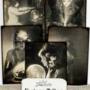 May include: A collection of vintage black and white images featuring fortune tellers and crystal balls. The images have a sepia tone and are arranged on a white background. The text "Fortune Tellers Ephemera" is displayed on a label.