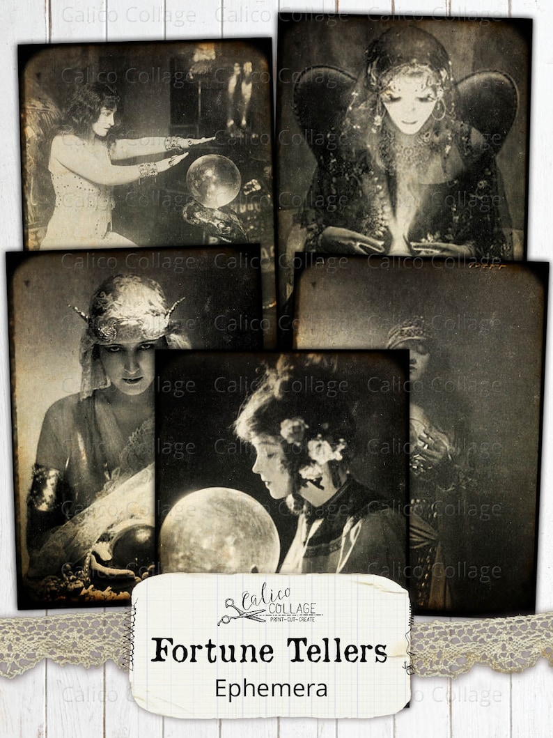 May include: A collection of vintage black and white images featuring fortune tellers and crystal balls. The images have a sepia tone and are arranged on a white background. The text "Fortune Tellers Ephemera" is displayed on a label.