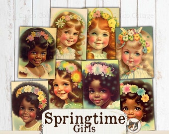 Spring Ephemera for Junk Journals, Printable Easter Girls, 70s Ephemera, Ephemera Pack, Rainbow Ephemera, Easter Ephemera Collage Sheet