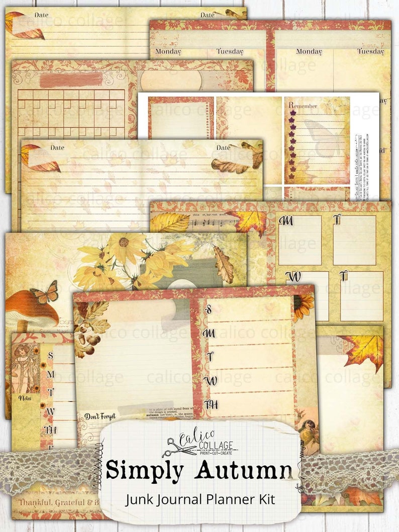May include: A printable junk journal planner kit with an autumn theme. The kit includes pages with lined and gridded sections, calendar pages, and a variety of decorative elements. The pages feature a rustic, vintage aesthetic with fall colors and imagery, including leaves, butterflies, and mushrooms. The text "Simply Autumn" is featured on the front page.