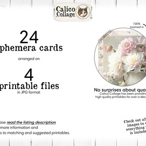 K&ouml;nnte beinhalten: Ein digitaler Download von 24 druckbaren Ephemera-Karten, angeordnet auf 4 Dateien im JPG-Format. Die Karten zeigen ein florales Design im Vintage-Stil mit rosa und wei&szlig;en Blumen in einer Vase. Der Text "100% vergr&ouml;&szlig;ert" ist im Bild sichtbar.