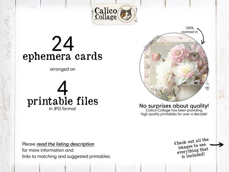 K&ouml;nnte beinhalten: Ein digitaler Download von 24 druckbaren Ephemera-Karten, angeordnet auf 4 Dateien im JPG-Format. Die Karten zeigen ein florales Design im Vintage-Stil mit rosa und wei&szlig;en Blumen in einer Vase. Der Text "100% vergr&ouml;&szlig;ert" ist im Bild sichtbar.