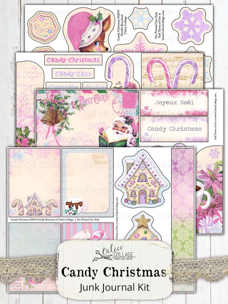 Junk Journal Kit Candy Christmas, Printable Journal Supplies,