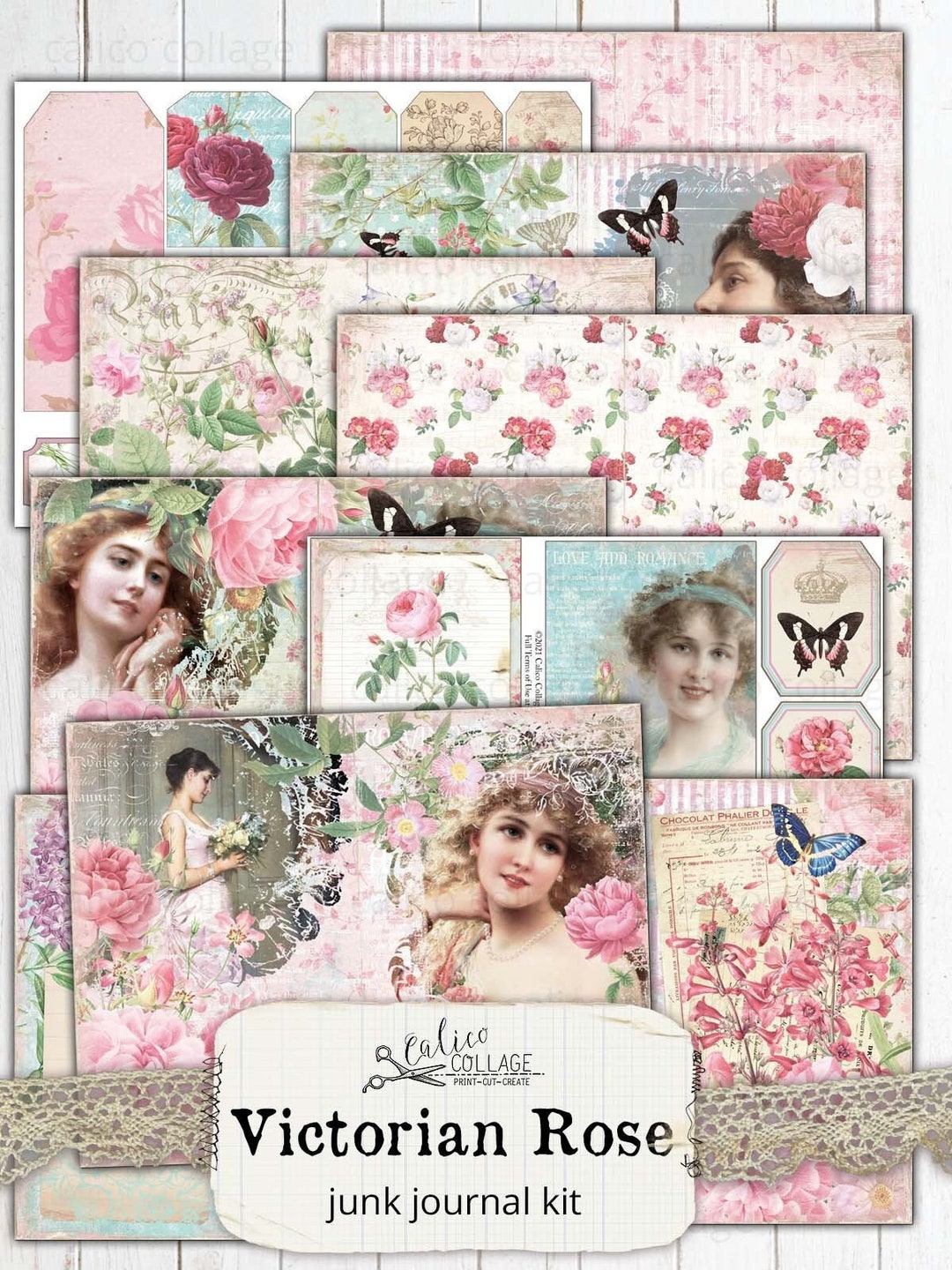 Shabby Chic Junk Journal Kit, Printable Victorian Rose Ephemera Pack ...