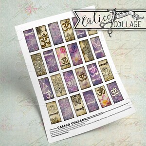 May include: A sheet of digital collage paper with 16 squares featuring a purple and white floral design with the word "nameste" and the symbol "Om" in each square.