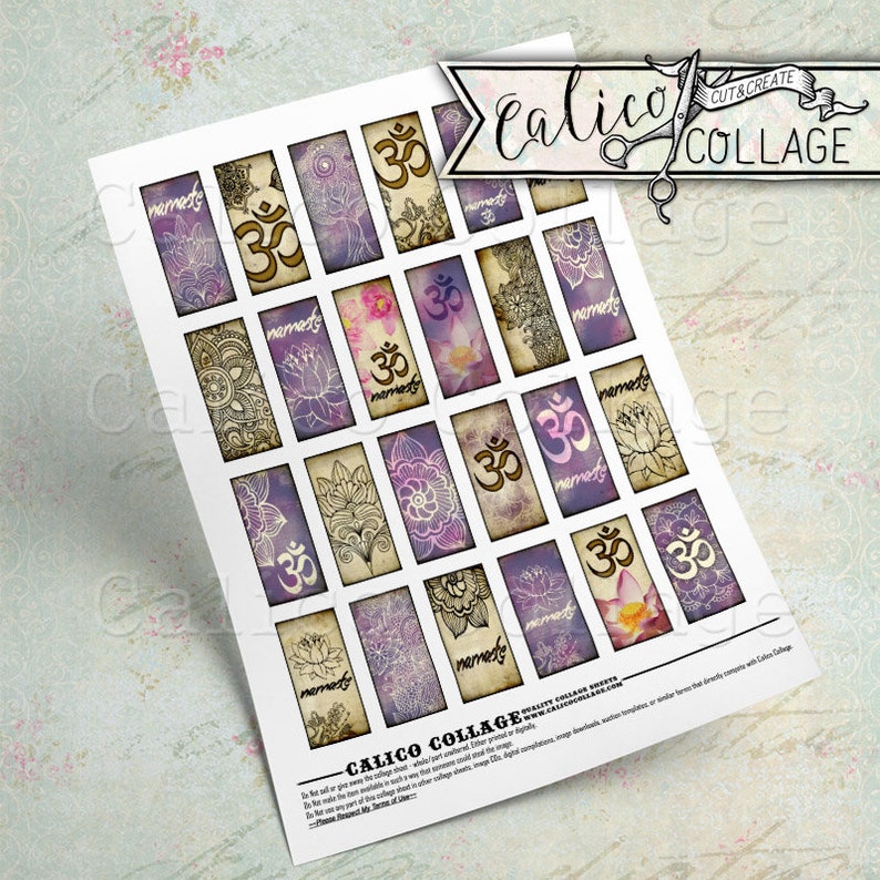 May include: A sheet of digital collage paper with 16 squares featuring a purple and white floral design with the word "nameste" and the symbol "Om" in each square.