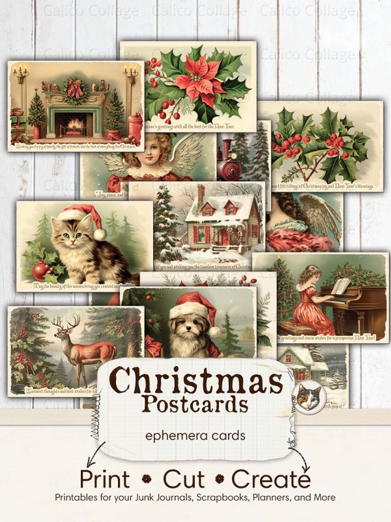 Christmas Postcards Printable Ephemera, Christmas Junk Journal Ephemera Pack, Holiday Ephemera Cards, Digital Download Collage Sheet