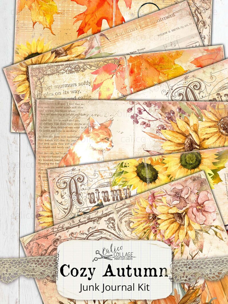Printable Autumn Cat Junk Journal Kit, Fall Ephemera Pack, Shabby Chic ...