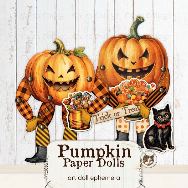 Pumpkin Paper Dolls Halloween Ephemera, Mixed Media Art Dolls, Junk Journal Printable, Printable Ephemera Digital Download Collage Sheets