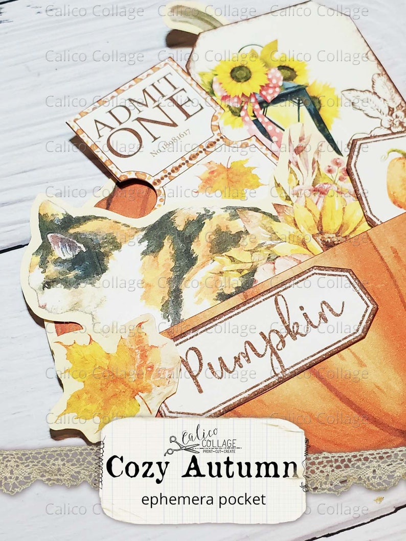 Puede incluir: Una tarjeta blanca con el texto "Cozy Autumn ephemera pocket" y unas tijeras con una pancarta que dice "Calico Collage Print-Cut-Create". La tarjeta est&aacute; decorada con un borde de encaje y una ilustraci&oacute;n de un gato marr&oacute;n y blanco. El fondo es una superficie de madera con varias manualidades de papel de tem&aacute;tica oto&ntilde;al, incluyendo un boleto que dice "Admit One" y una etiqueta que dice "Pumpkin".