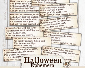 Könnte beinhalten: Ein druckbares Blatt mit Halloween-Text und -Bildern. Der Text enthält ein Gedicht über eine Hexe, einen Werwolf, eine Spinnenkönigin und eine schwarze Katze. Das Bild enthält eine Katzenillustration und den Text "Halloween Ephemera, junk journal words, Print Cut Create, Printables for your Junk Journals, Scrapbooks, Planners, and More".