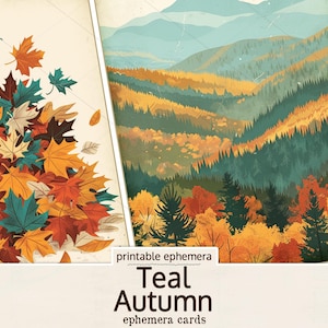 Cartes éphémères d'automne bleu sarcelle, éphémères de journal indésirable de l'automne, cartes d'automne en téléchargement numérique, éphémères de scrapbooking, éphémères bleu sarcelle et orange