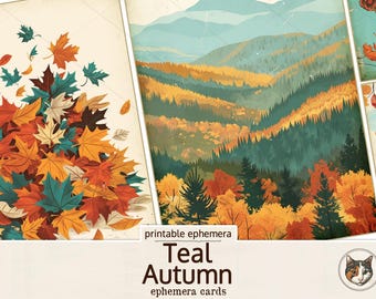 Tarjetas de efímera de otoño verde azulado, efímera de diario basura de otoño, tarjetas de otoño de descarga digital, efímera de álbum de recortes, efímera de color verde azulado y naranja