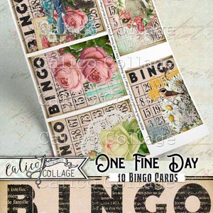 May include: Ten printable bingo cards with a floral and bird theme. The cards feature a vintage aesthetic with a light pink, white, and green color scheme. The text "One Fine Day" is printed in a black script font at the top of the cards.