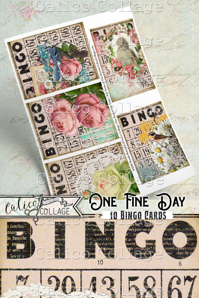 May include: Ten printable bingo cards with a floral and bird theme. The cards feature a vintage aesthetic with a light pink, white, and green color scheme. The text "One Fine Day" is printed in a black script font at the top of the cards.