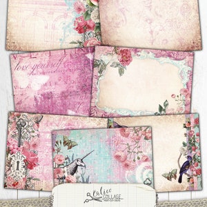May include: A junk journal kit with a pink and blue color scheme. The kit includes several papers with floral designs, a unicorn, a key, and a bird. The text "Exquisite Dreamer" and "Junk Journal Kit" is printed on the bottom of the image.