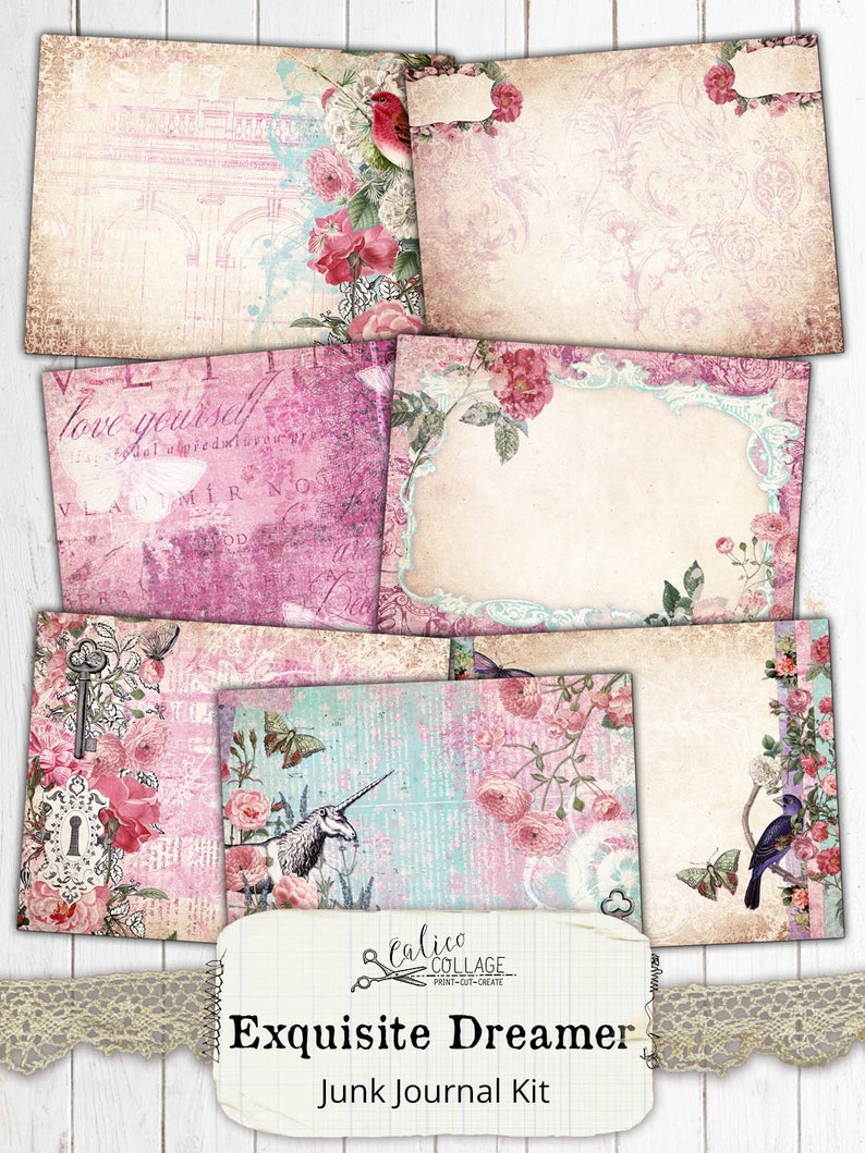 May include: A junk journal kit with a pink and blue color scheme. The kit includes several papers with floral designs, a unicorn, a key, and a bird. The text "Exquisite Dreamer" and "Junk Journal Kit" is printed on the bottom of the image.