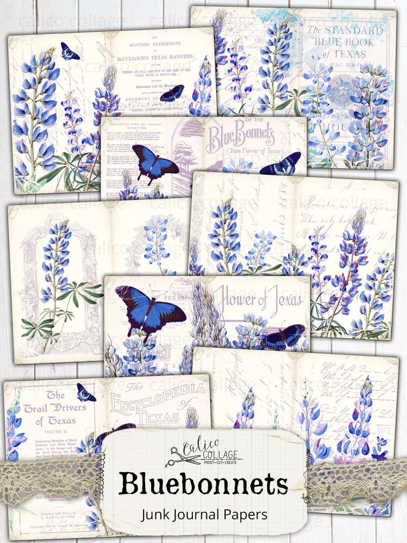 May include: A set of digital papers featuring bluebonnets, the state flower of Texas, with butterflies and vintage text. The papers are perfect for scrapbooking, card making, and other paper crafts.