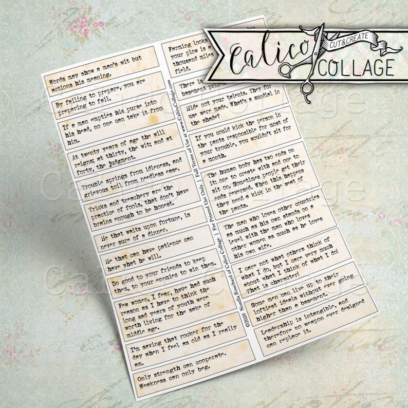 May include: A set of 12 vintage-style printable quote cards with a distressed, aged paper background. The quotes are printed in black text on a cream background. The cards feature inspirational and motivational quotes about life, love, and success. The cards are perfect for adding a touch of vintage charm to your home decor or for using as gifts.