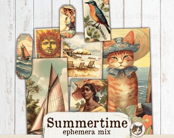Summer Ephemera for Junk Journal Kit, Summertime Fussy Cut Ephemera Mix,Vintage Digital Download, Printable Collage Sheet,Journal Supplies