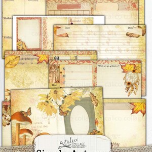 May include: A printable junk journal planner kit with an autumn theme. The kit includes pages with fall leaves, mushrooms, butterflies, and a floral design. The text "Simply Autumn" is featured on the front of the kit.
