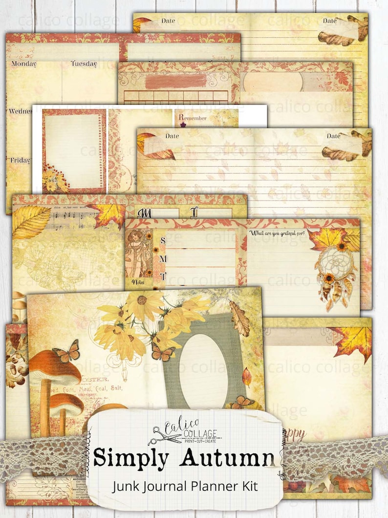 May include: A printable junk journal planner kit with an autumn theme. The kit includes pages with fall leaves, mushrooms, butterflies, and a floral design. The text "Simply Autumn" is featured on the front of the kit.