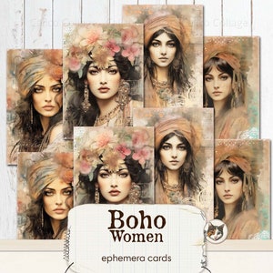 Boho Ephemera Junk Journal imprimible, tarjetas efímeras de mujeres gitanas, hoja de collage de descarga digital, fabricación de tarjetas digitales Boho