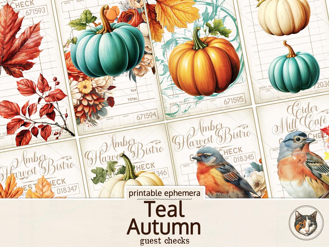 Simple Fall Checks Patterns Teal Autumn Guest Checks, Fall Junk Journal Ephemera, Digital Download ...