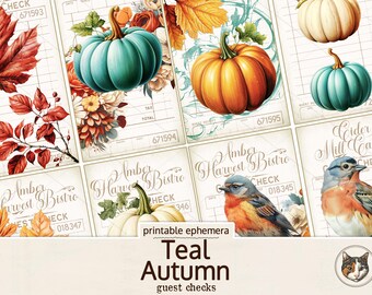 Cheques de invitados de otoño verde azulado, efímera del diario basura de otoño, descarga digital de cheques de invitados de otoño, diario basura, efímera turquesa y naranja