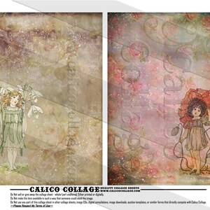 May include: Two digital collage sheets featuring vintage illustrations of fairies. The first sheet features a fairy holding a bouquet of white snowdrops. The second sheet features a fairy holding a red poppy.
