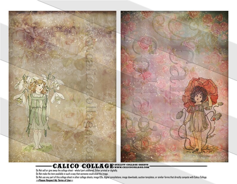 May include: Two digital collage sheets featuring vintage illustrations of fairies. The first sheet features a fairy holding a bouquet of white snowdrops. The second sheet features a fairy holding a red poppy.