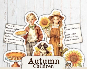 Autumn Paper Dolls Junk Journal Imprimibles, Autumn Children Fussy Cut Collage Sheet, Fall Ephemera Pack, Dick y Jane Printable Ephemera