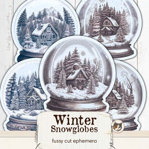 May include: Five printable winter snow globe images with a cabin in a snowy forest. The images are designed for fussy cutting and are labeled "Winter Snowglobes" and "Print Cut Create".